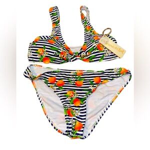 NWT Navy white orange green FL oranges print swimsuit bikini bathing suit M